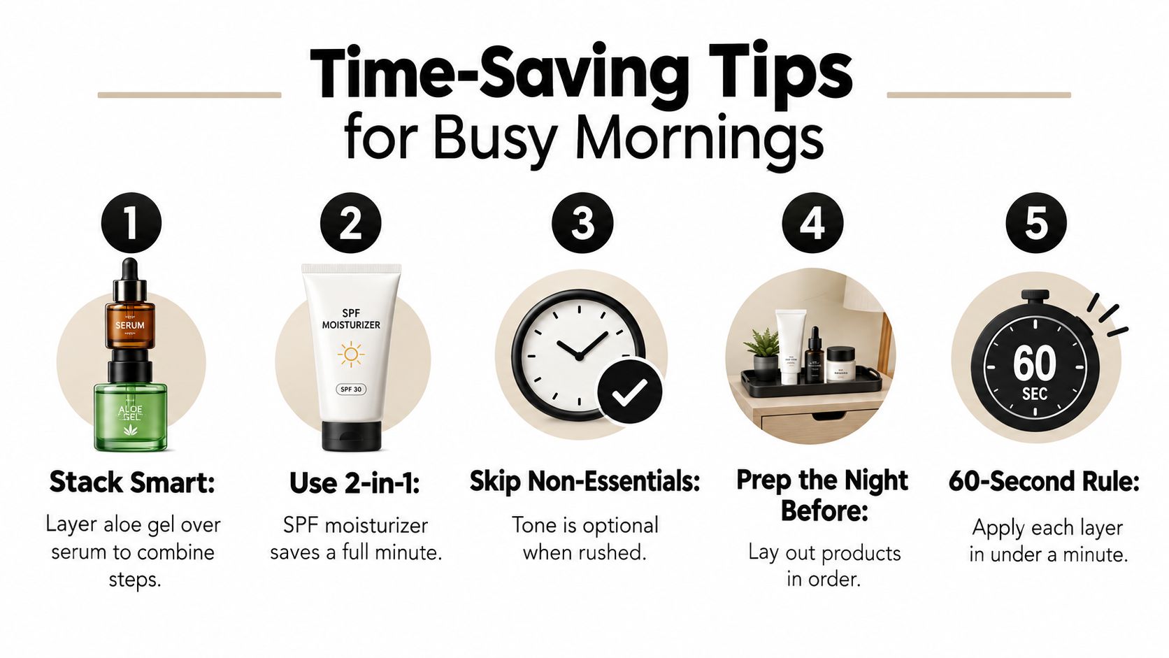A five-step infographic providing time-saving skin care tips for busy mornings, featuring product icons and helpful advice.