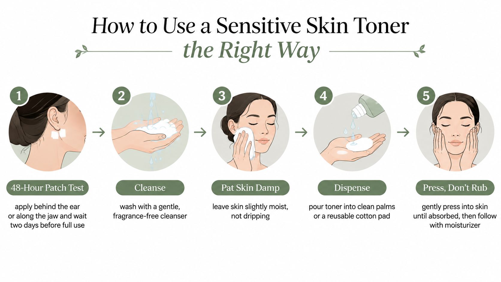A five-step infographic showing the correct way to apply toner to sensitive skin for a routine.