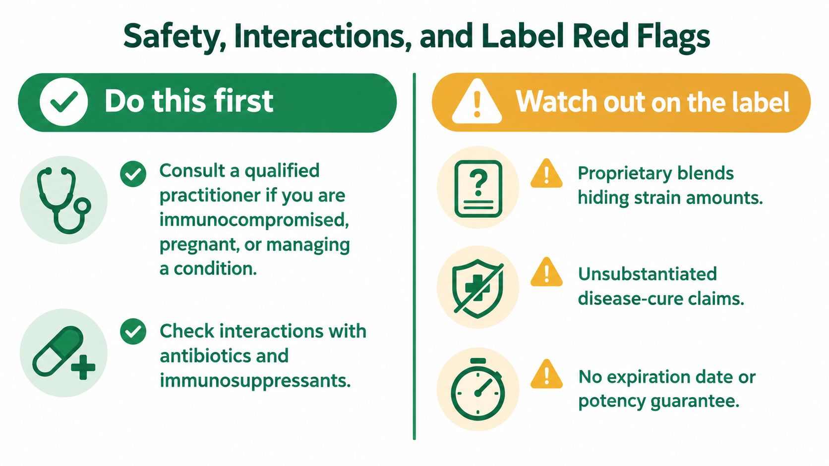 A safety infographic titled Safety, Interactions, and Label Red Flags for supplements, outlining precautions and label warnings.