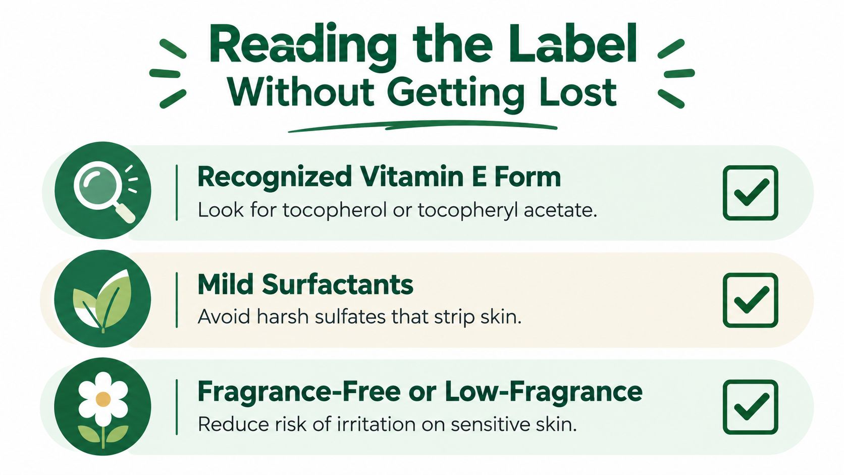 An infographic titled Reading the Label, providing tips to identify Vitamin E, mild surfactants, and fragrance-free ingredients.