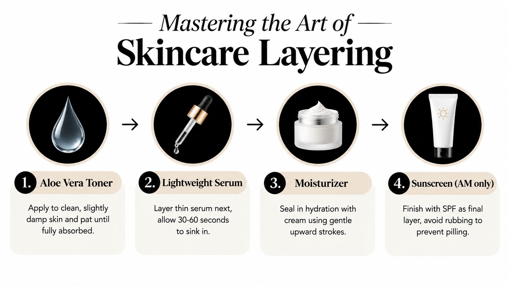 A four-step infographic showing how to apply aloe vera toner, serum, moisturizer, and sunscreen for skincare.