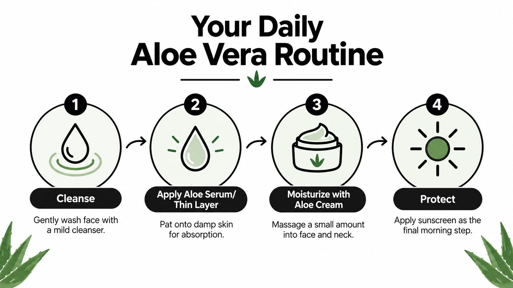 A four-step infographic illustrating a daily skincare routine using aloe vera products for facial care.