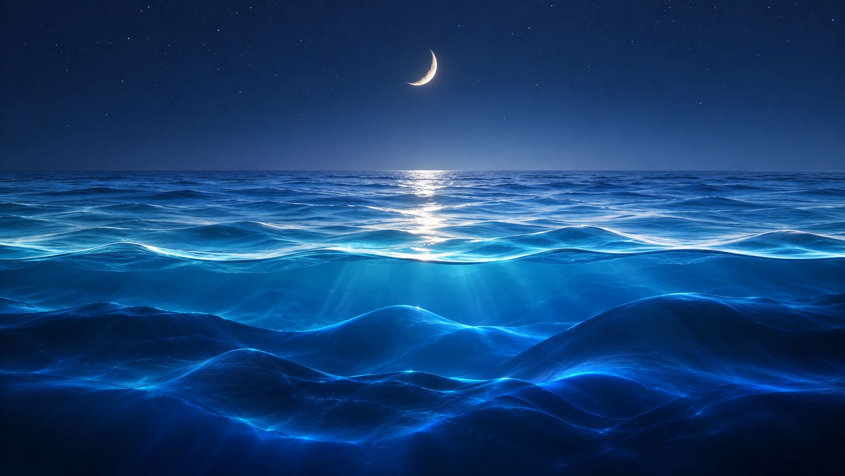 A serene night scene featuring a crescent moon reflecting on calm, deep blue ocean waves.