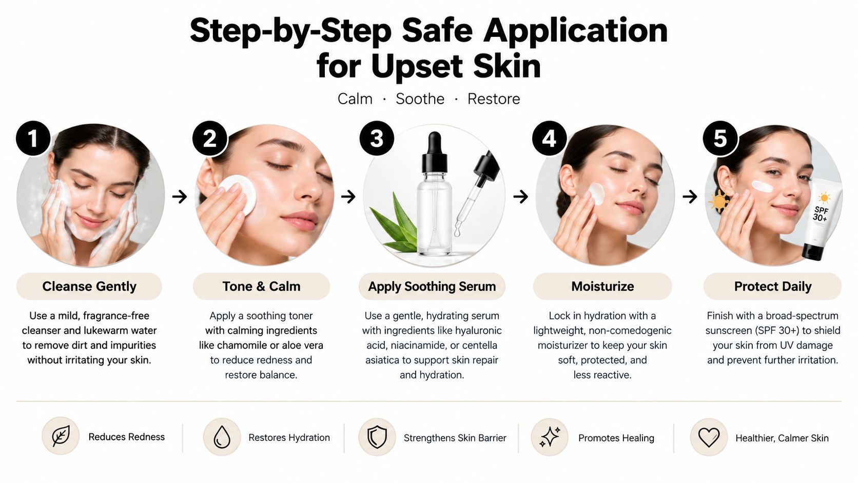 A step-by-step guide on how to safely apply skincare products to calm and soothe irritated, upset skin.