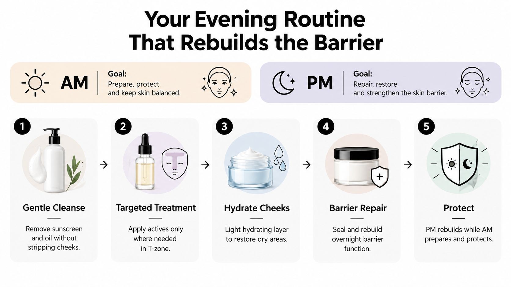 A step-by-step skincare guide illustrating a 5-step evening routine to repair and strengthen the skin barrier.