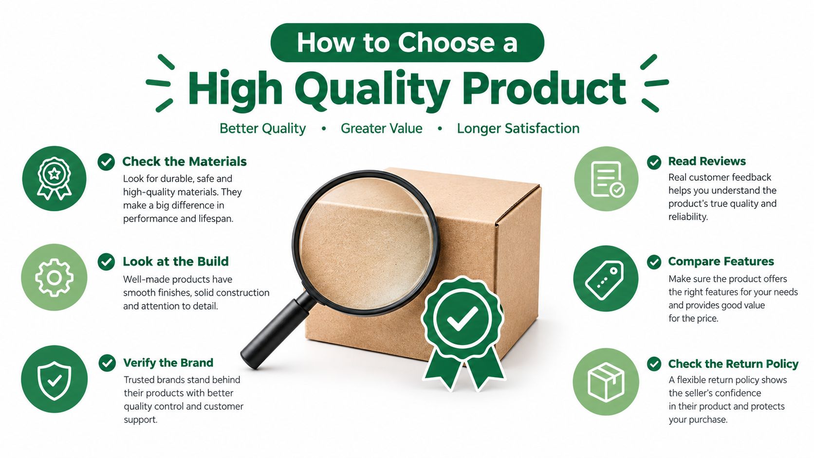 An infographic showing tips for choosing high-quality products including checking materials, builds, reviews, and return policies.