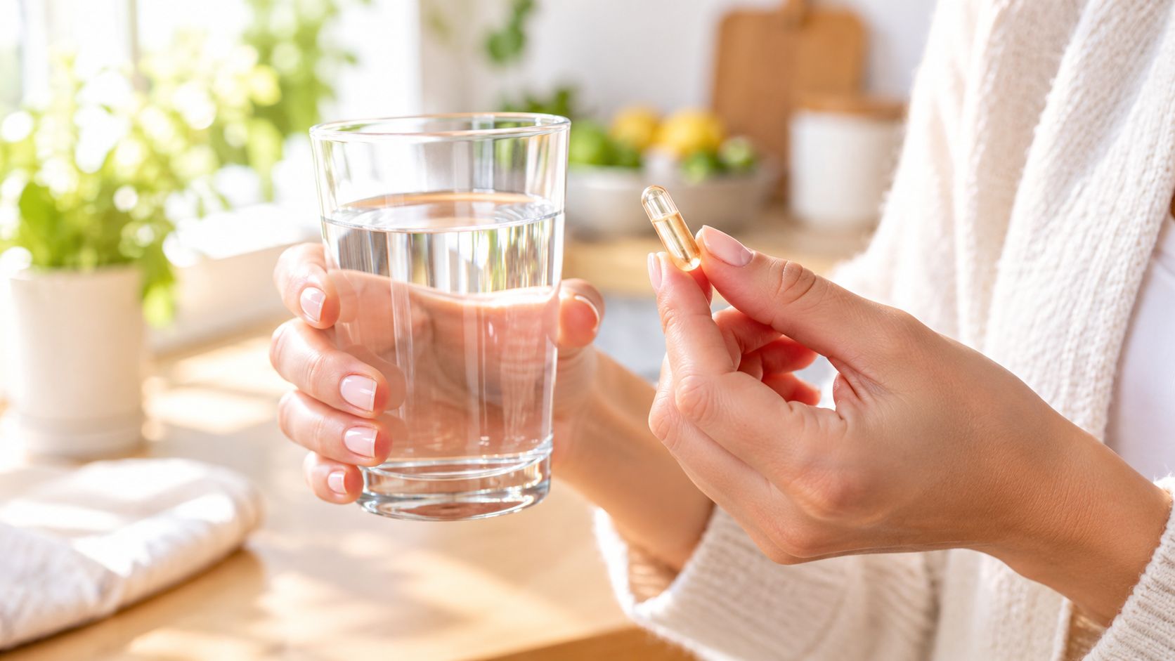 A woman holding a glass of water and a vitamin supplement capsule in a bright, cozy kitchen.