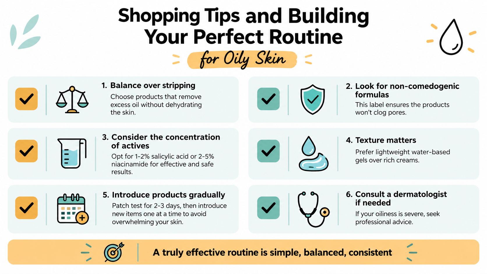 An infographic titled Shopping Tips and Building Your Perfect Routine for Oily Skin featuring six expert skincare steps.