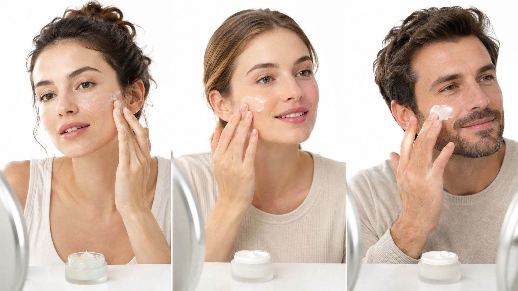 Three individuals are applying moisturizer cream to their faces from glass jars while looking into mirrors.