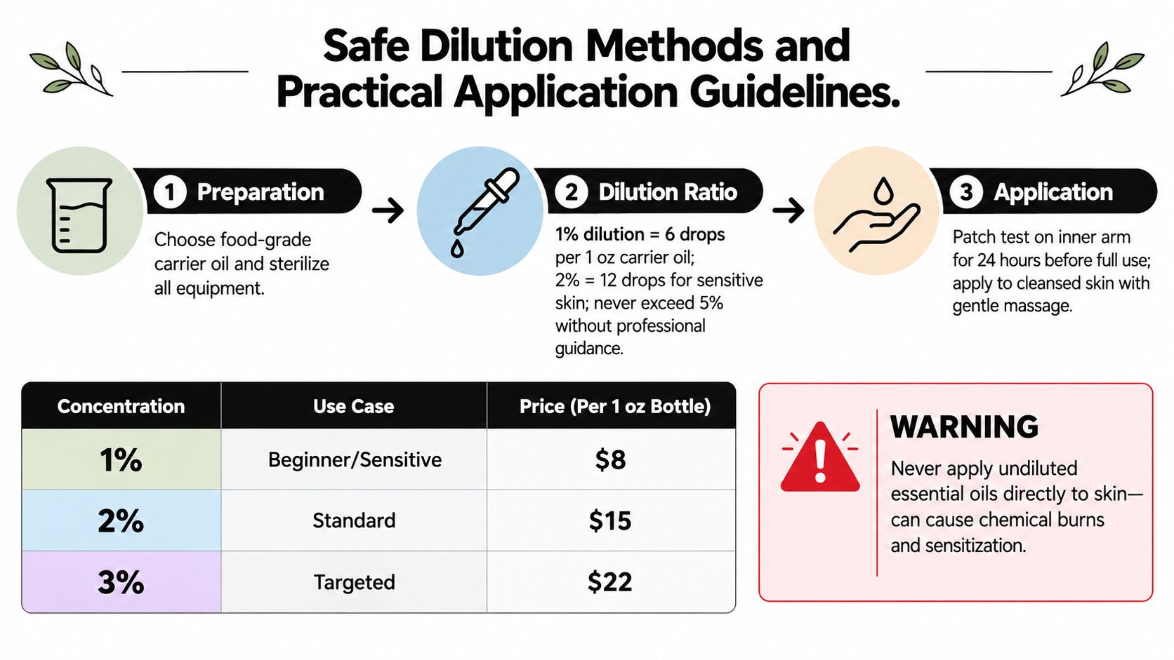 An infographic showing instructions for safe essential oil dilution, concentration percentages, use cases, and safety warnings.