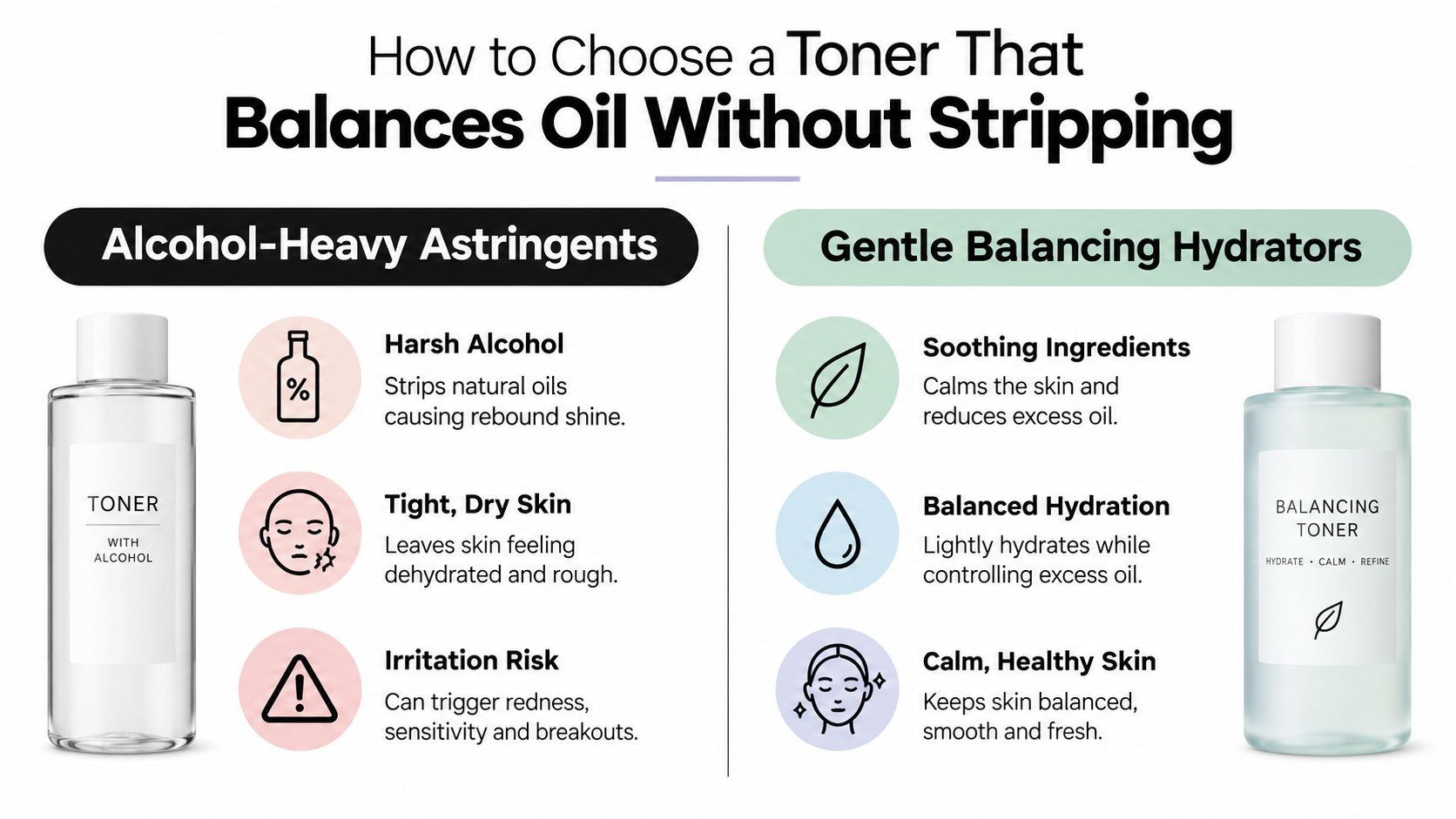 An infographic comparing alcohol-heavy astringent toners versus gentle balancing hydrator toners for skincare.