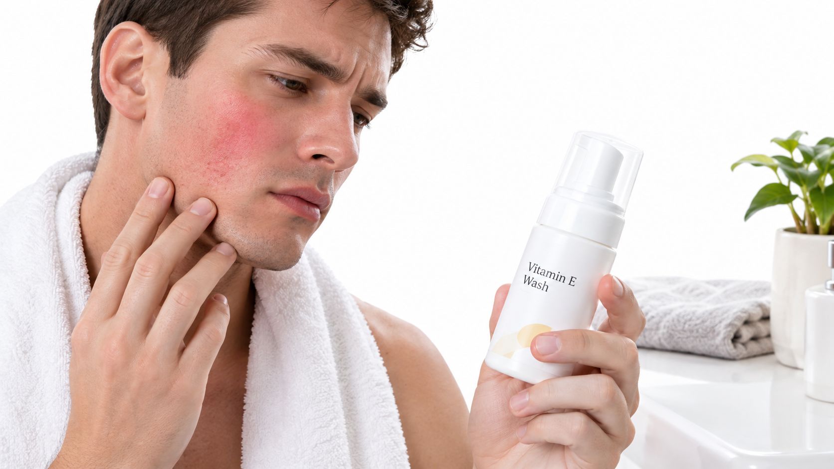 A man with red, irritated facial skin looking concerned while holding a bottle of vitamin E face wash.
