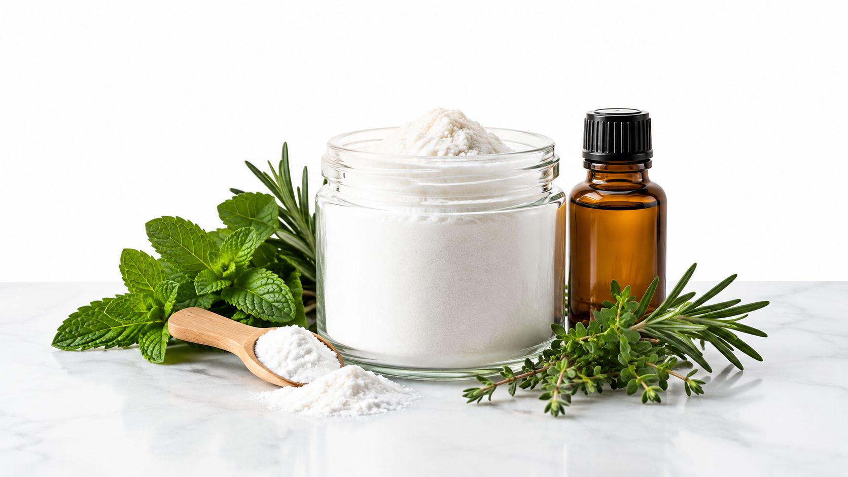 A glass jar filled with white powder, a wooden spoon, fresh herbs, and an amber essential oil bottle.