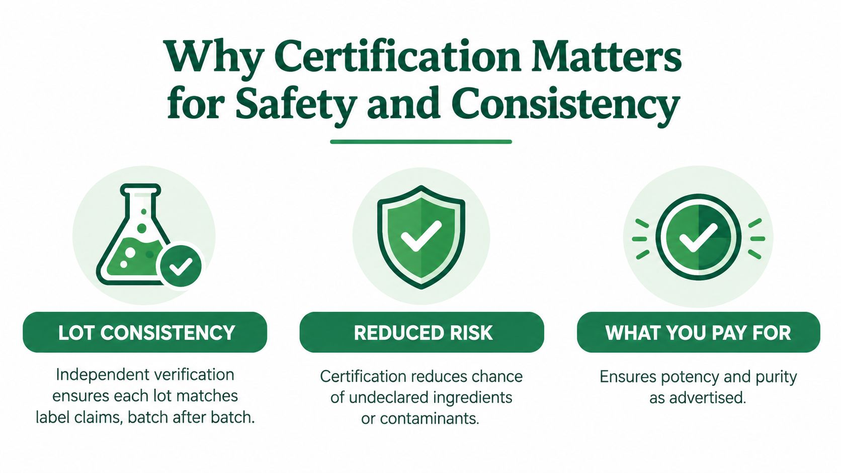 An infographic titled Why Certification Matters for Safety and Consistency, highlighting the benefits of certified supplements.