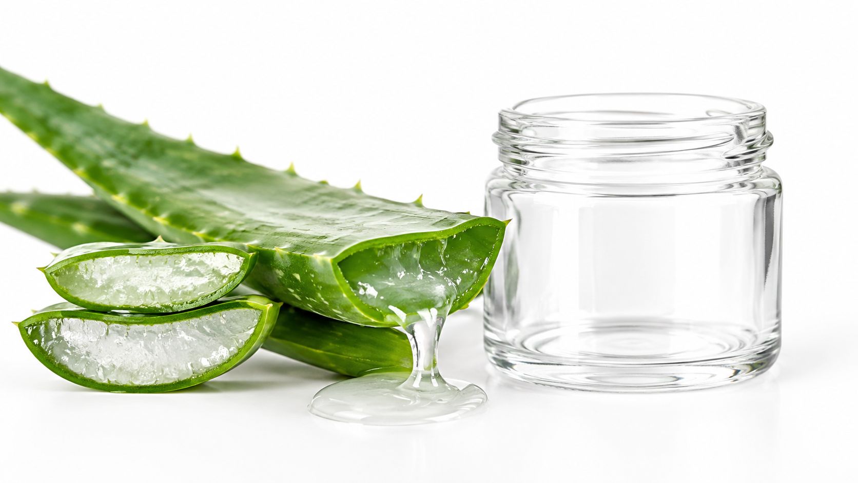A fresh aloe vera leaf cut open with gel dripping into a small, empty glass cosmetic jar.