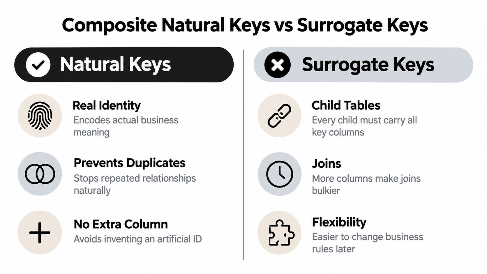 A comparison chart outlining the pros and cons of composite natural keys versus surrogate keys in database design.
