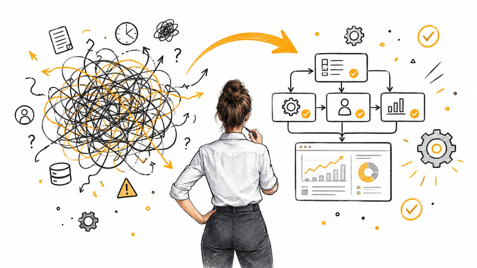 A woman stands before a chalkboard sketch showing a transition from chaotic scribbles to structured business workflows.