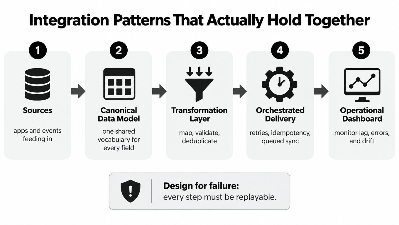 A diagram illustrating five sequential integration patterns for robust data management, including design for failure principles.