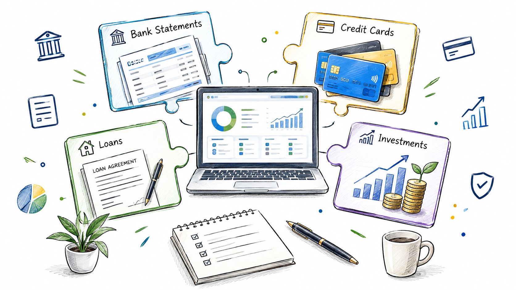 A digital personal finance dashboard on a laptop surrounded by financial planning icons and notepad.