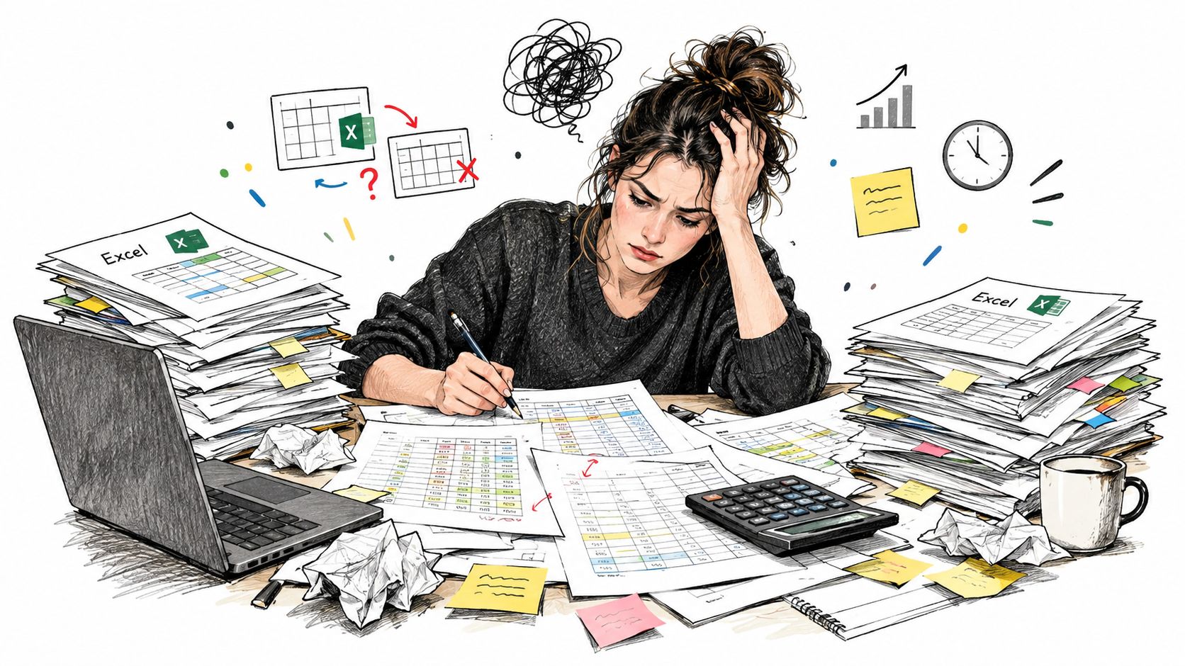 Stressed young woman working at a messy desk with piles of Excel spreadsheets and computer equipment.