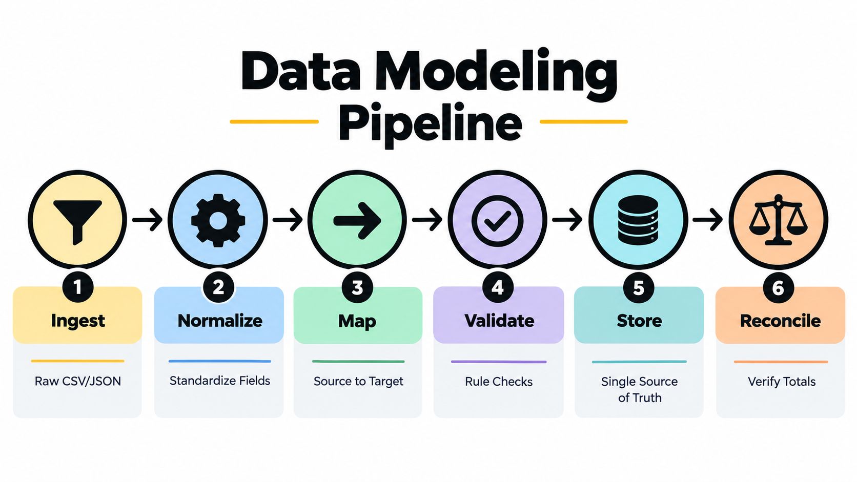 A six-step data modeling pipeline flowchart illustrating the process from raw data ingestion to final reconciliation.
