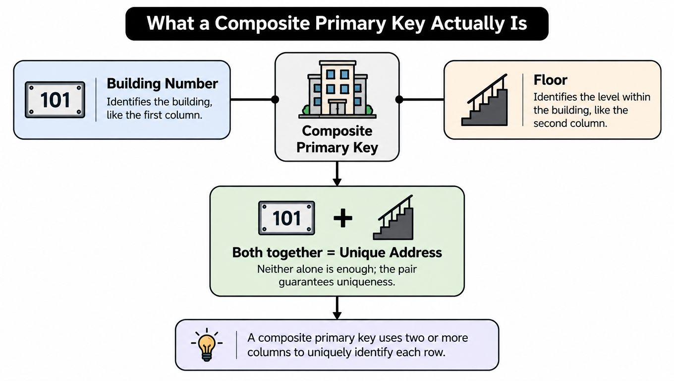 A diagram explaining composite primary keys in databases using a building number and floor number example.