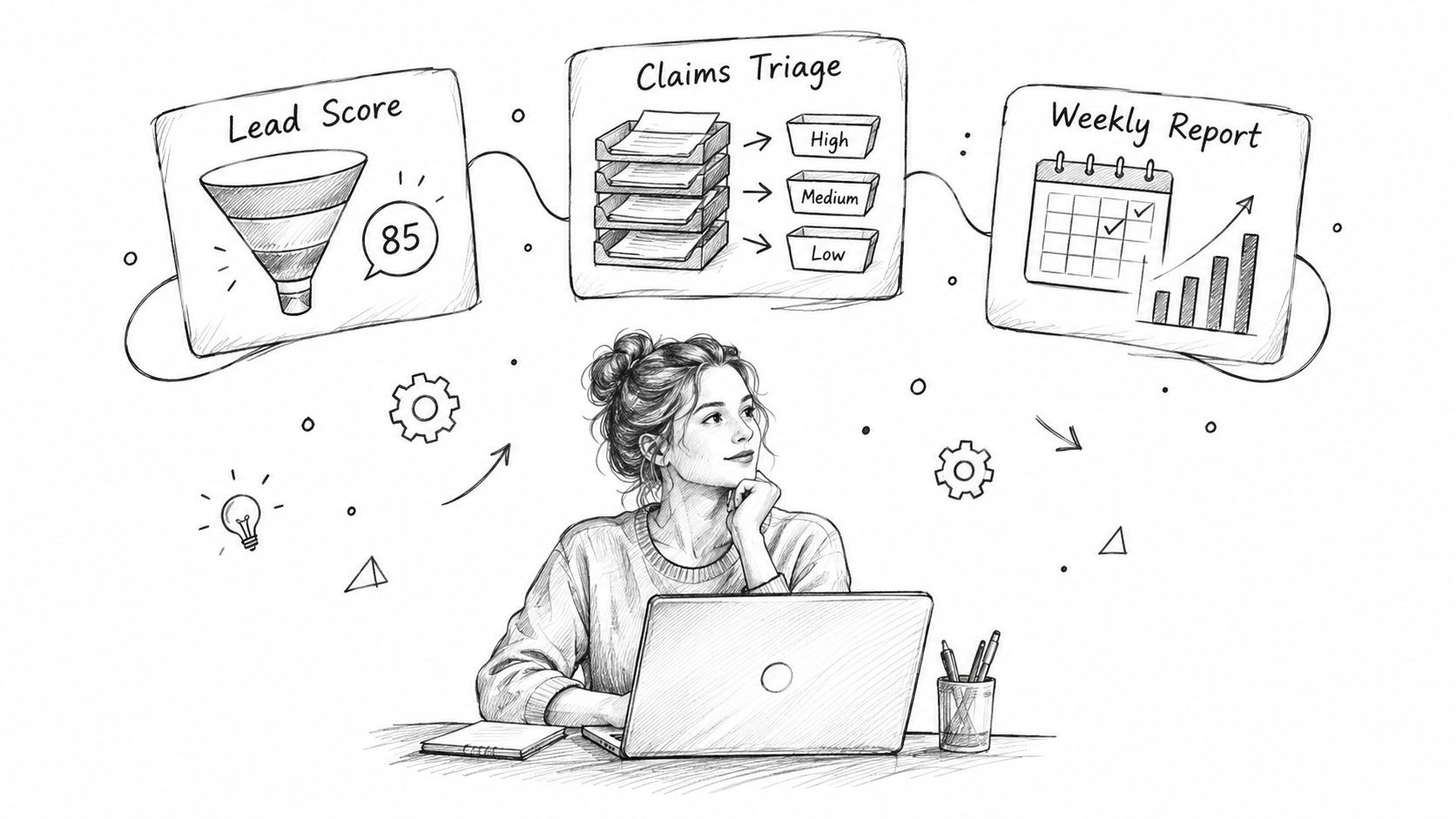 A woman working on a laptop surrounded by digital icons representing lead scoring, claims triage, and reporting.