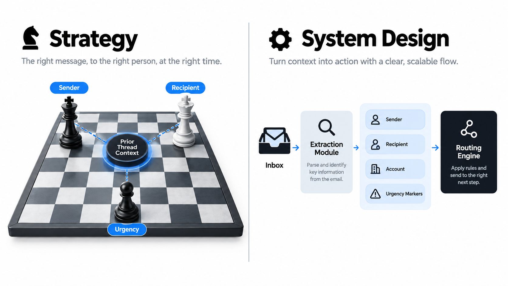 A diagram illustrating a strategy and system design for efficient automated email management and routing workflows.