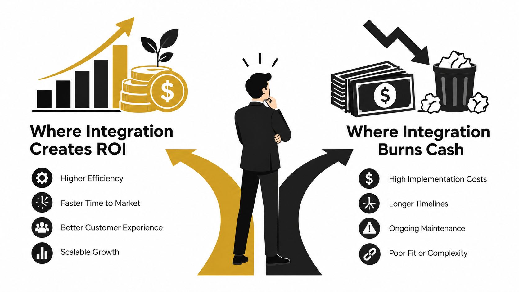 A decision-making infographic comparing the ROI benefits and cash-burning risks of business integration solutions.