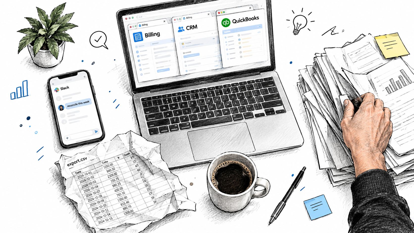 A professional workspace featuring a laptop, smartphone, crumpled documents, and coffee, symbolizing business process integration and management.
