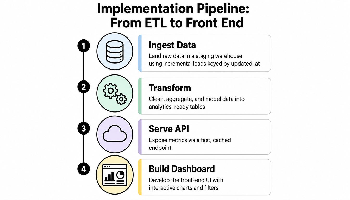 A four-step infographic illustrating the implementation pipeline from ETL processes to building front-end data dashboards.