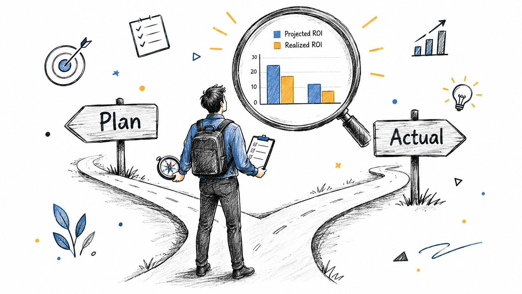 A person standing at a fork in the road comparing planned versus actual return on investment data.