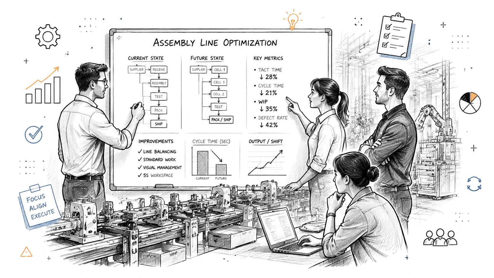 A diverse team discusses assembly line optimization strategies in a modern industrial setting using a whiteboard presentation.