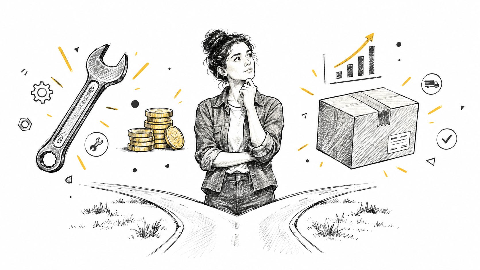 A young woman contemplating between business tools, financial growth, and shipping logistics in a stylized sketch.