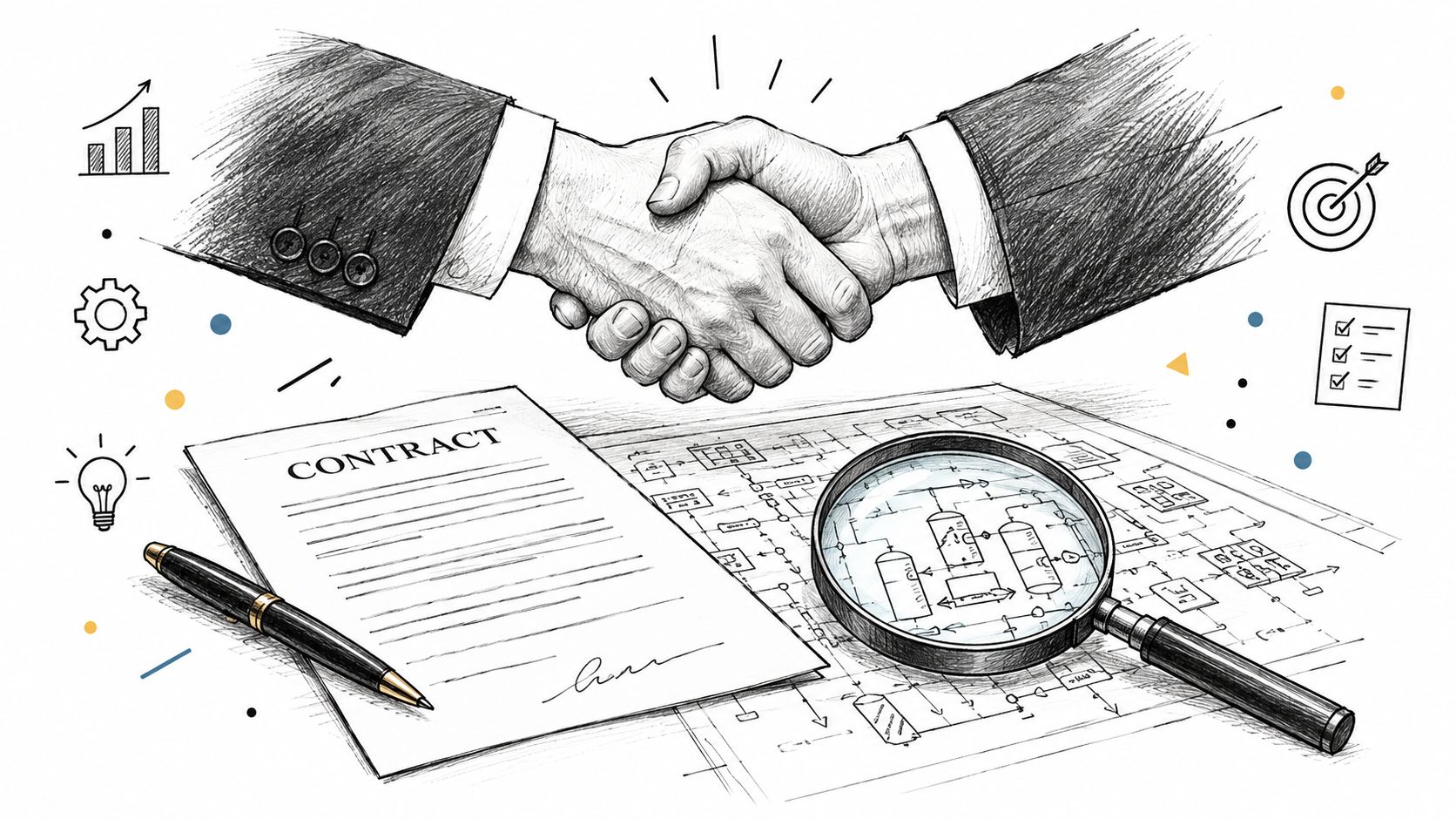 A pencil sketch of a handshake above a contract and engineering blueprint with a magnifying glass.