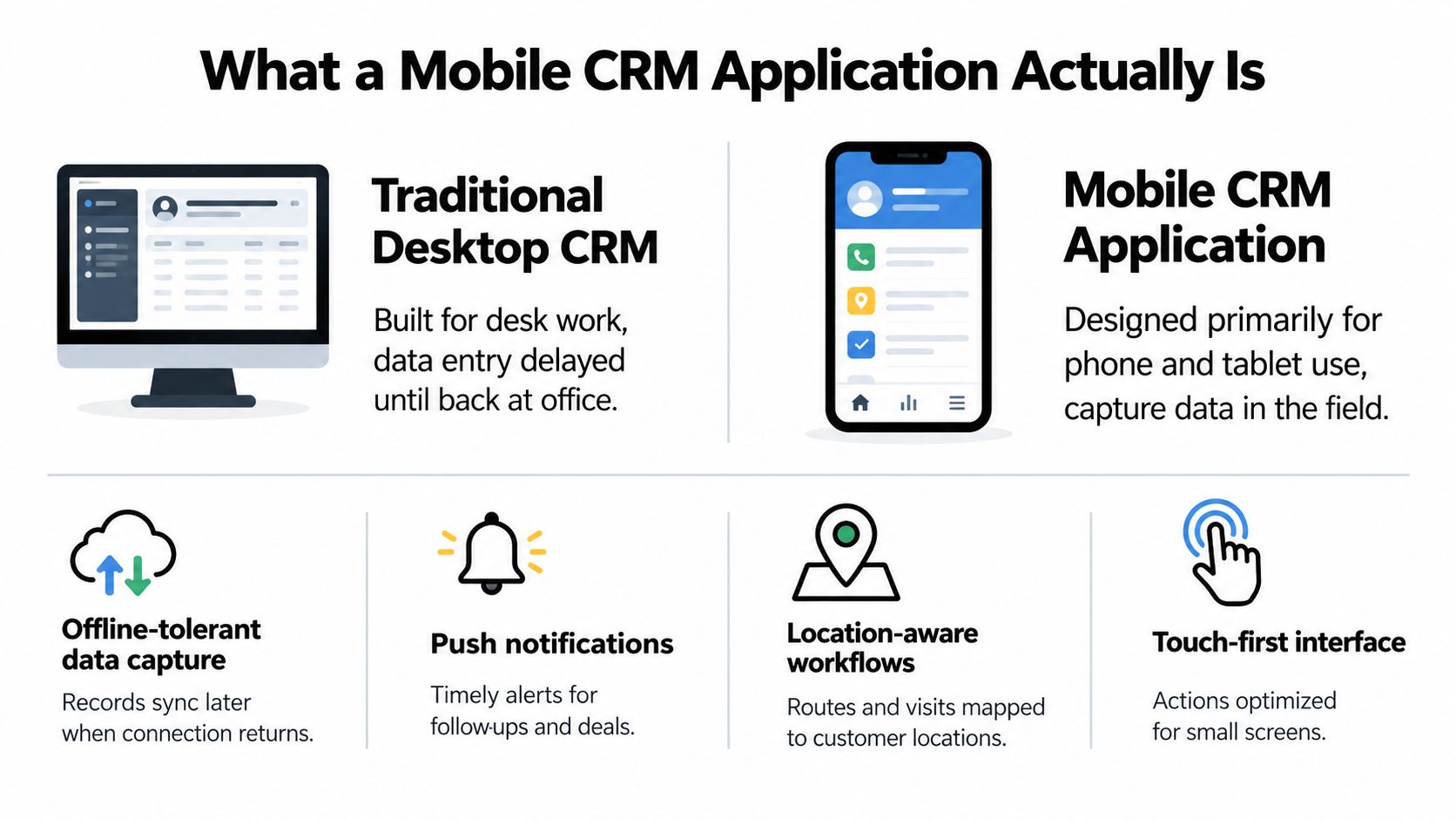 An infographic comparing traditional desktop CRM software with modern mobile CRM applications for field work.