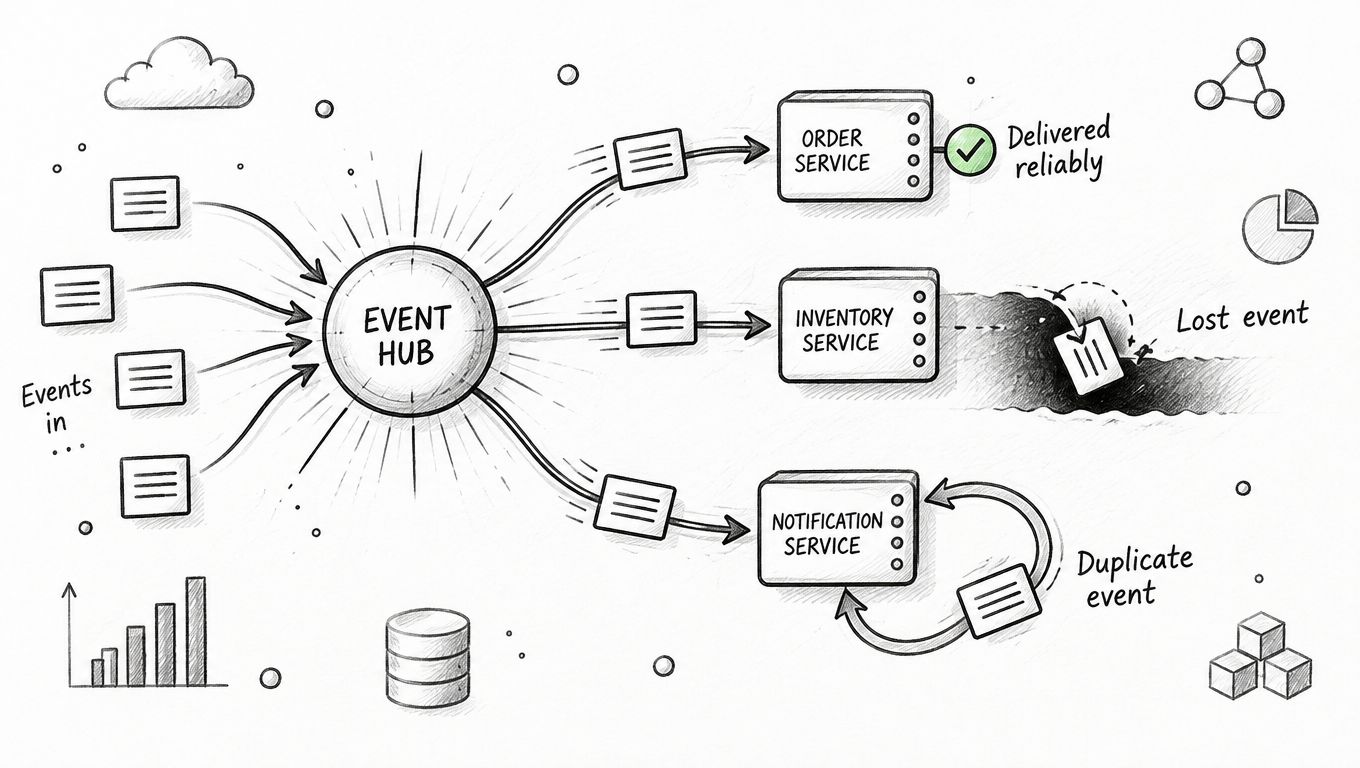 A hand-drawn diagram illustrating event-driven data integration patterns between an event hub and various services.