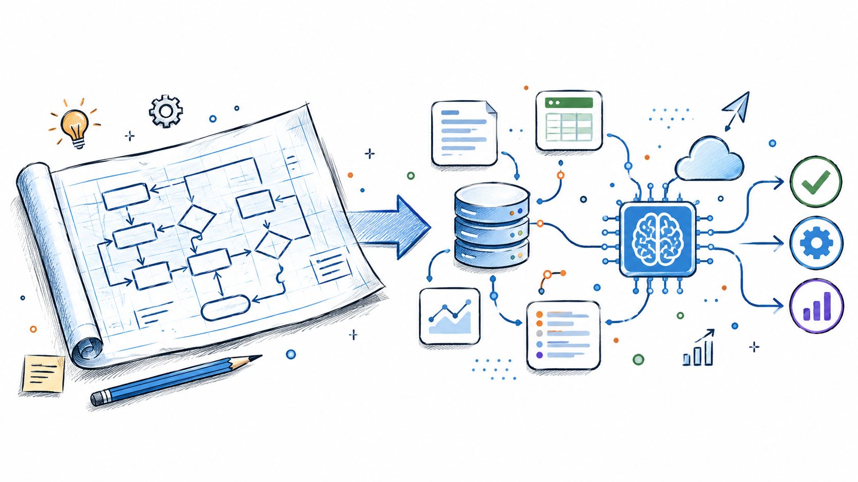 A hand-drawn illustration showing business process mapping turning into data processing and artificial intelligence analysis.
