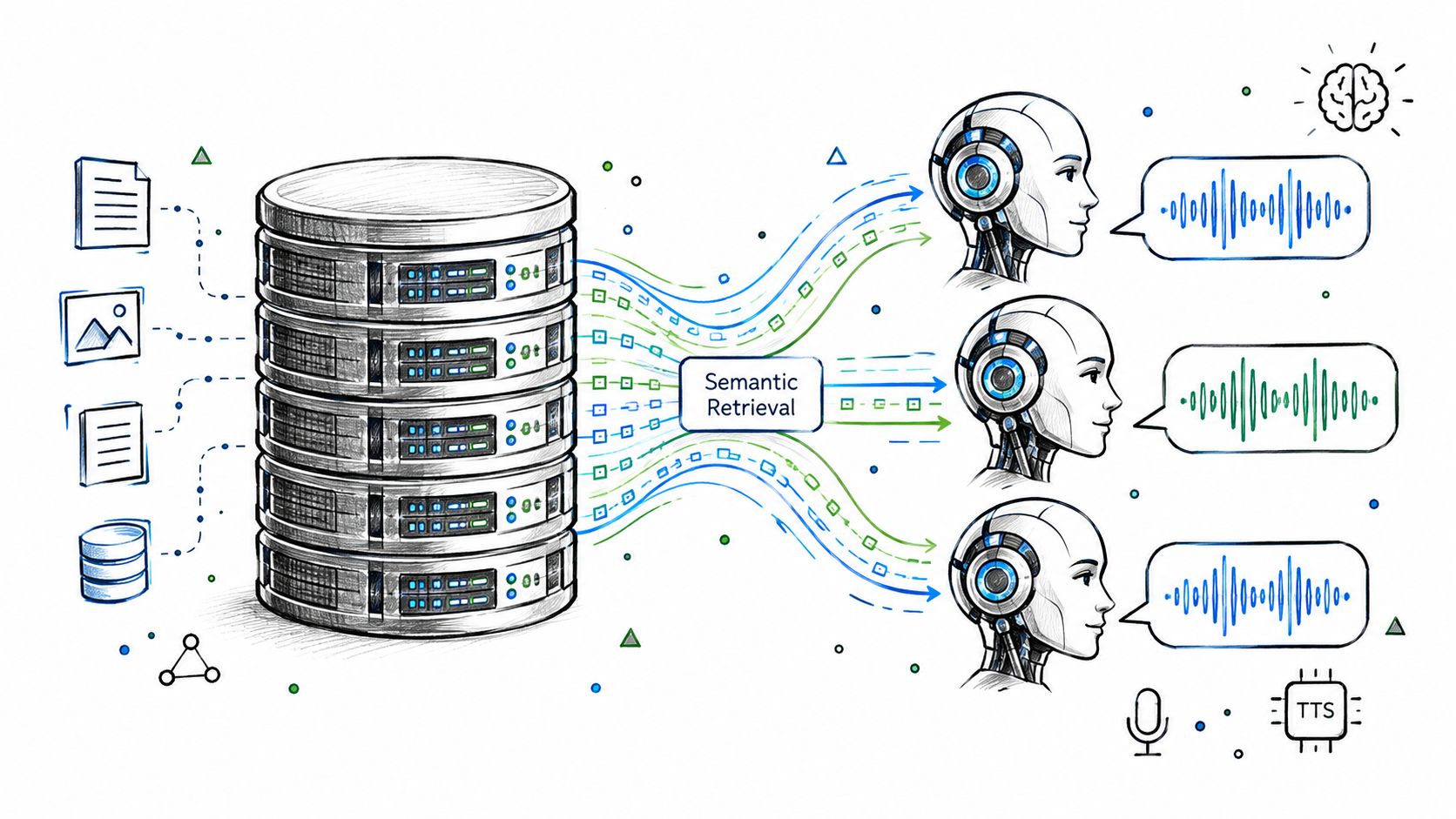 A diagram illustrating a database system connecting data sources to AI agents via a semantic retrieval process.