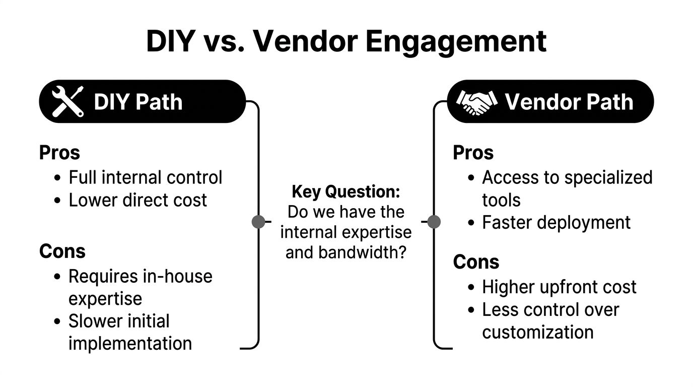 A comparison chart outlining the pros and cons of choosing a DIY versus a vendor engagement approach.