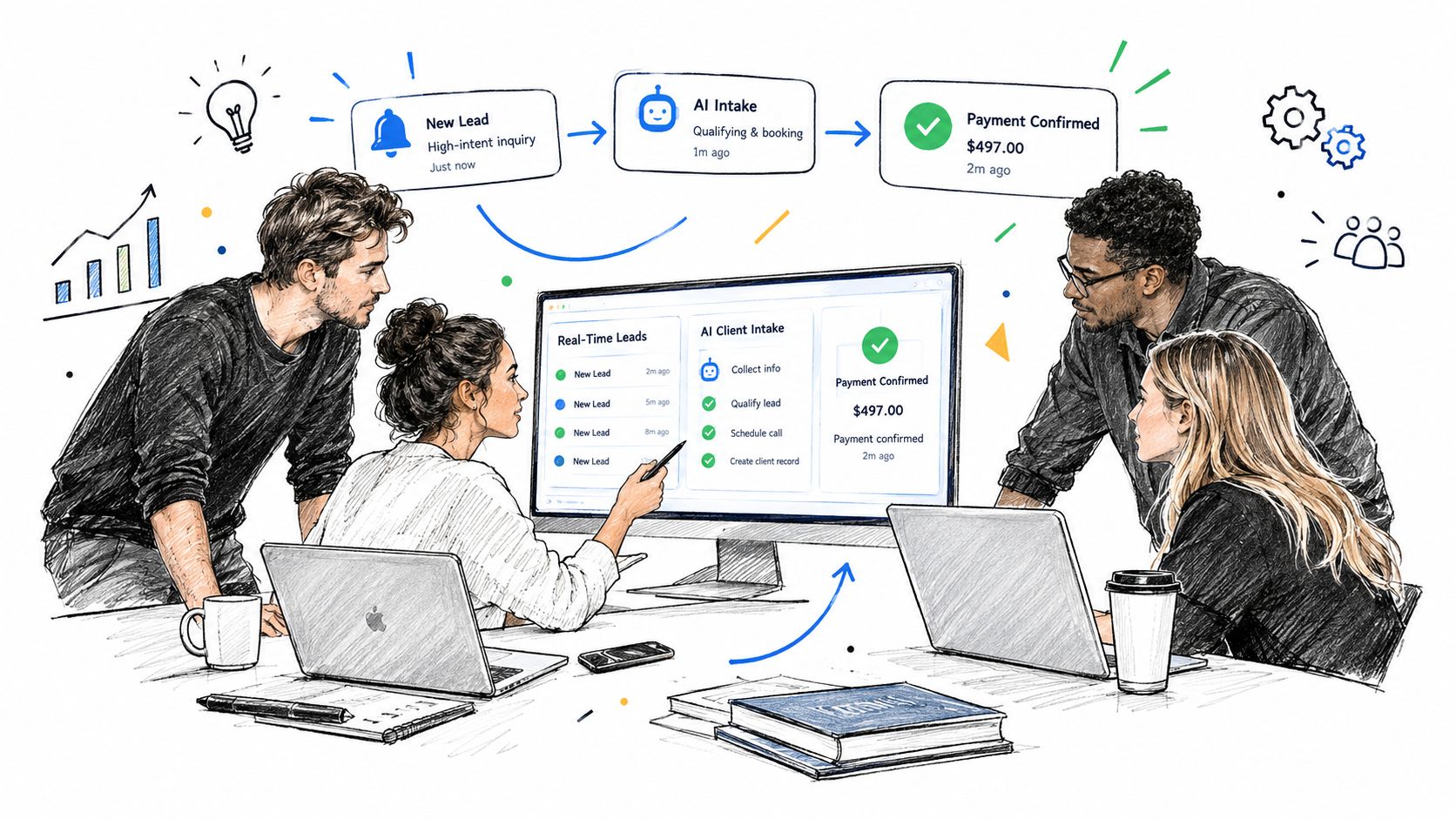 A team of professionals collaborating around a computer screen displaying an automated lead generation and intake workflow.