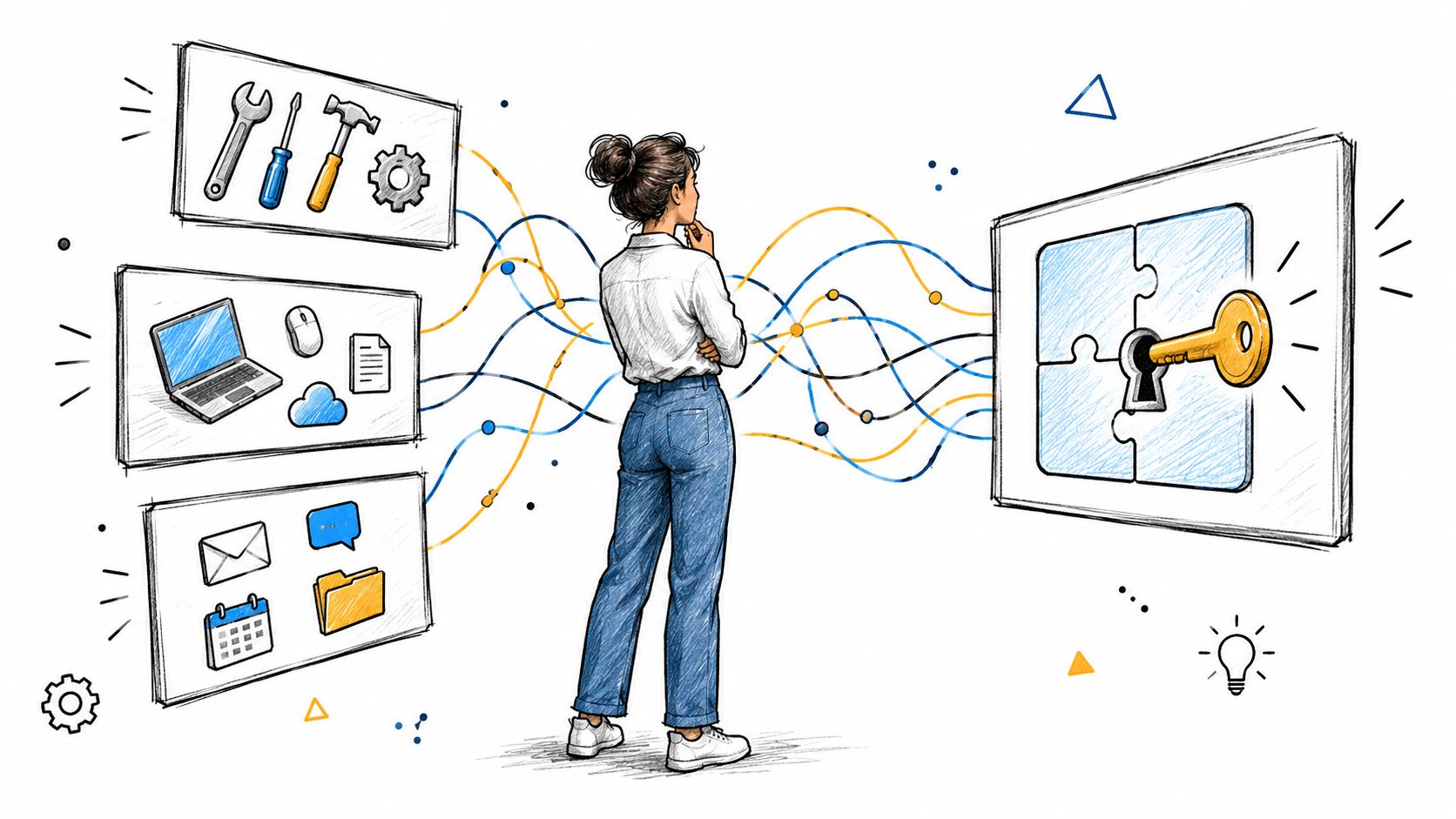 A woman stands between icons of digital tools and a locked puzzle, visualizing a custom workflow solution.