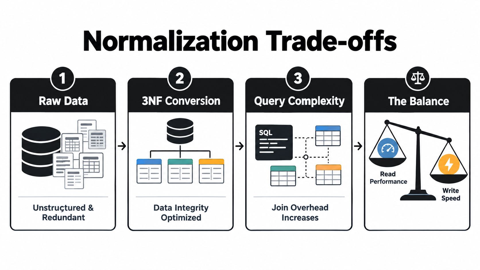 A diagram illustrating database normalization trade-offs, showing the process from raw data to structural balance.