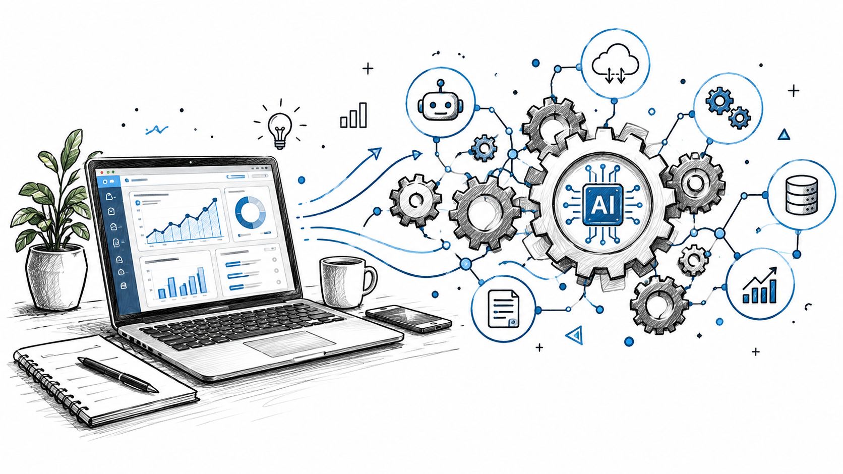 A laptop on a desk showing data charts alongside hand-drawn icons illustrating artificial intelligence and productivity tools.