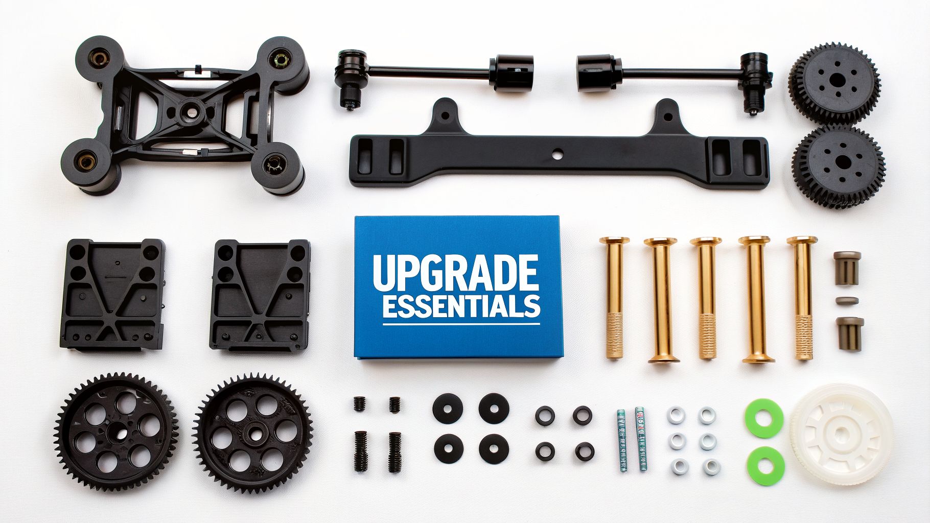 Flat lay of Arrma Kraton 6S RC car upgrade parts, gears, screws, and a blue box.