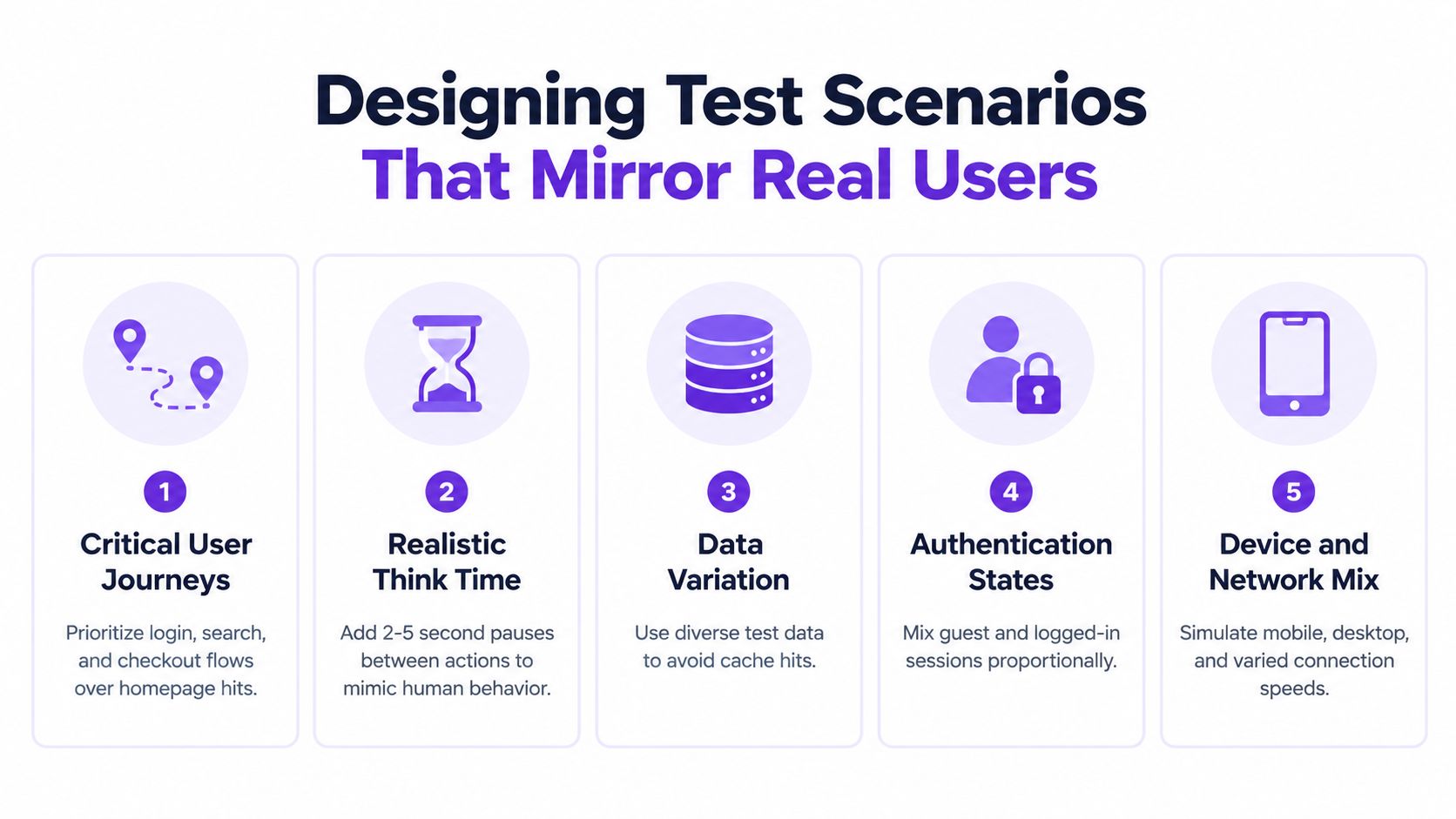 A diagram outlining five key strategies for designing performance test scenarios that accurately reflect real user behavior.