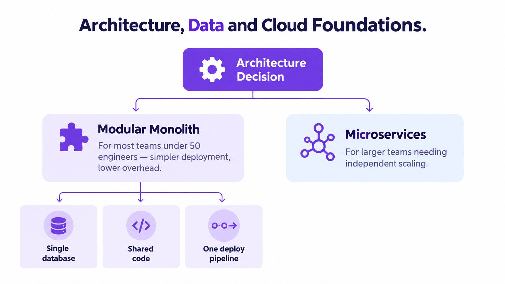 A flowchart diagram illustrating the architectural decision between modular monoliths and microservices for business software development.