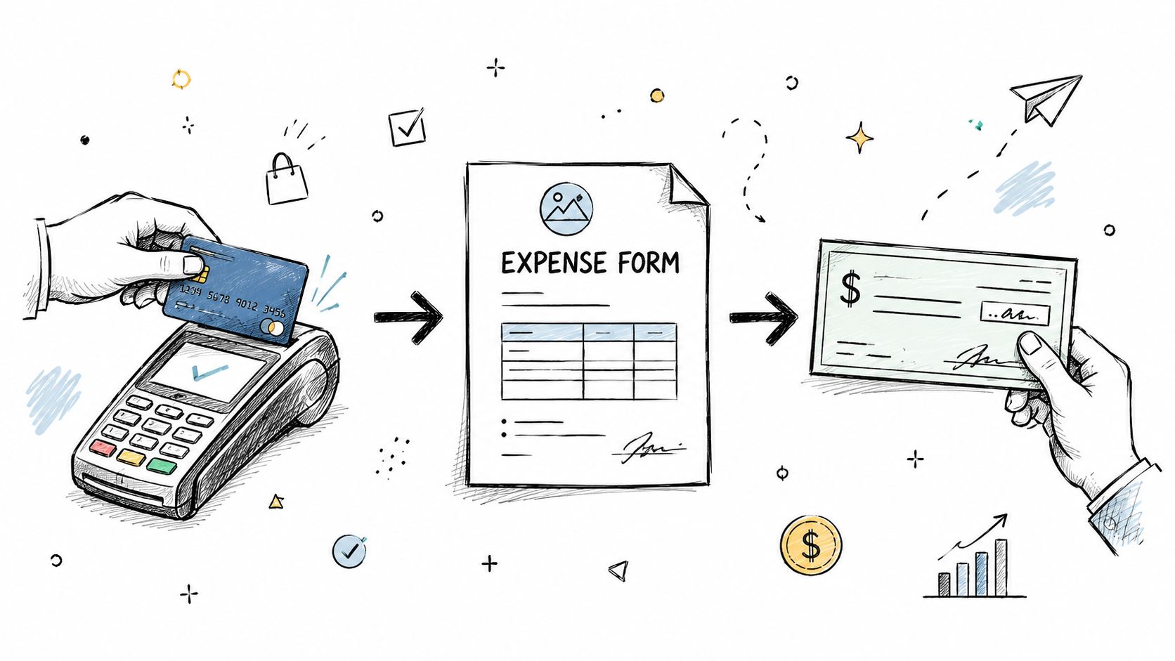 A hand using a credit card on a terminal, an expense form, and a hand holding a check.