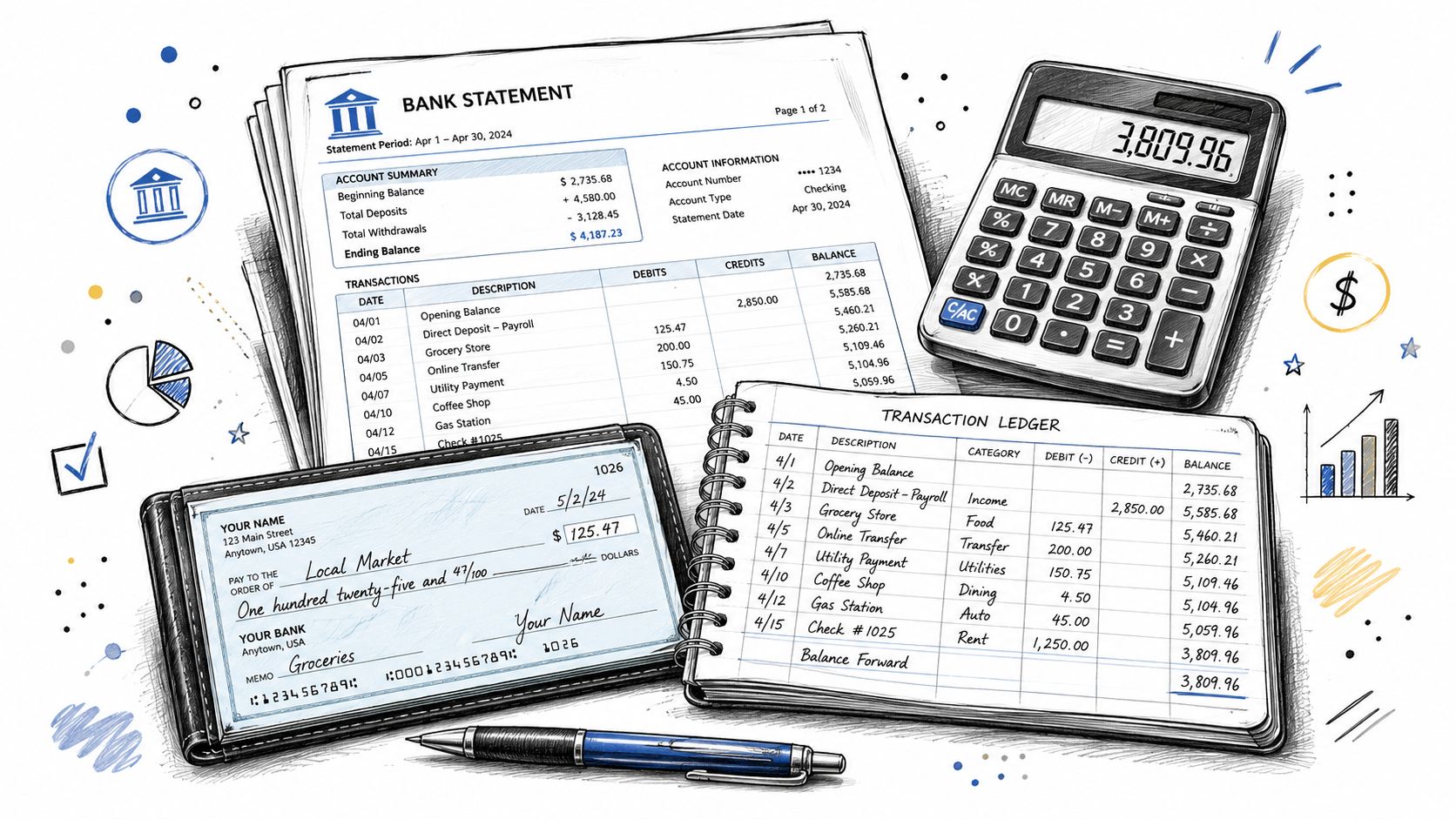 A bank statement, a checkbook, a ledger, and a calculator on a desk for financial reconciliation.
