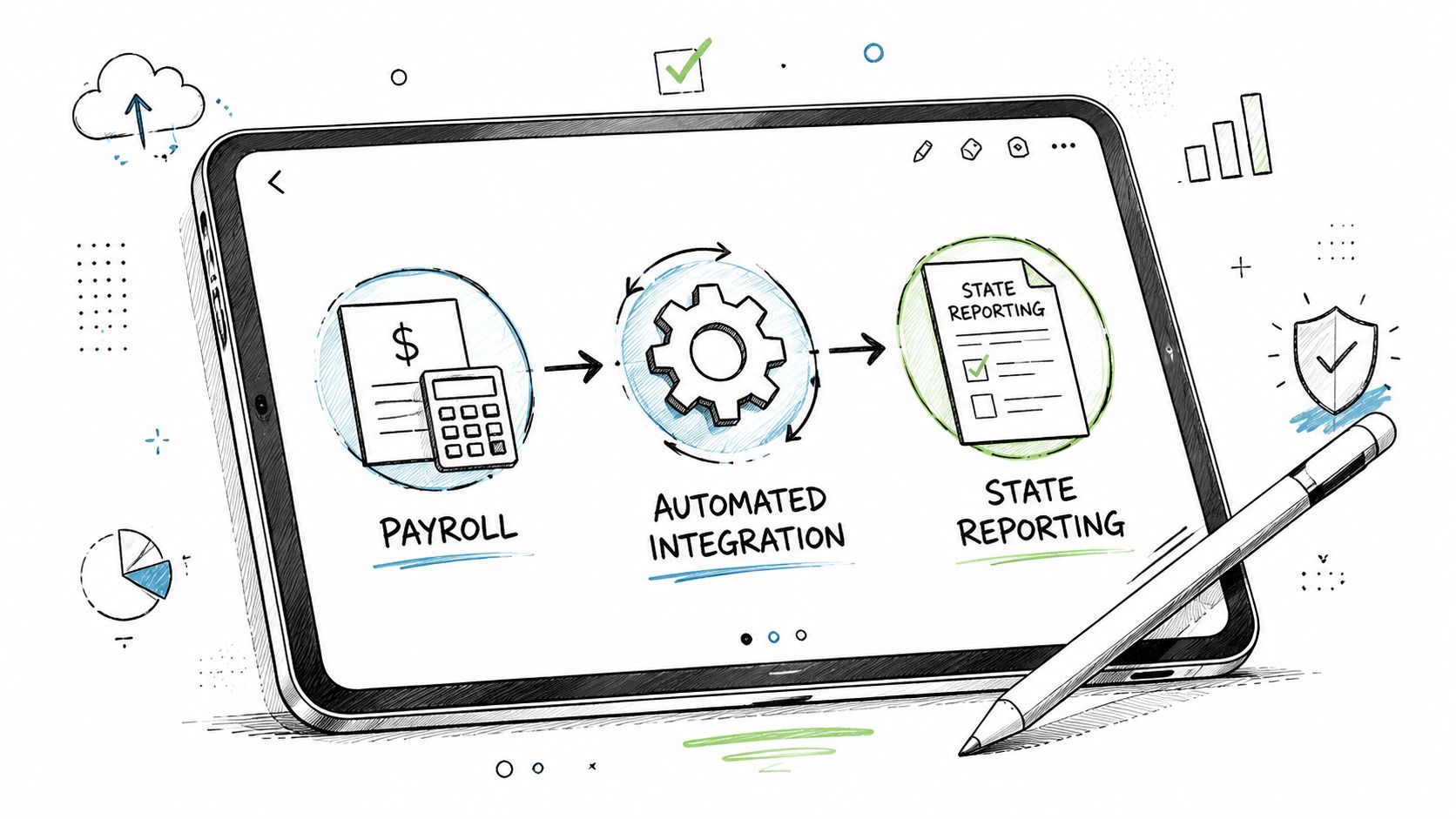 A tablet illustration depicting a payroll process integrated with automated state reporting workflows for new hire compliance.